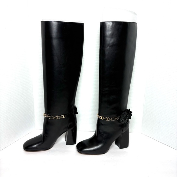 NEW Tory Burch Black Leather Blossom Boots Tall Gold Chain Flower Glam Sz 6 - Picture 2 of 14